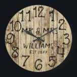 Rustic Mr and Mrs Wood Wedding Anniversary Large Clock<br><div class="desc">Add a warm, personal touch to your home with this personalized rustic wood family name clock. The design features a faux rustic brown wood background with elegant script personalization for his and her names, along with the family last name and established year in bold script. Perfect for celebrating a wedding,...</div>
