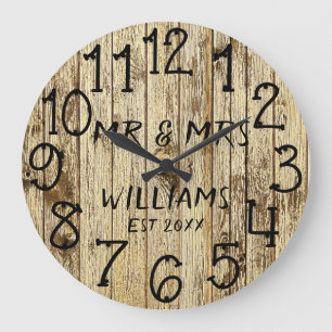 Rustic Mr and Mrs Wood Wedding Anniversary Large Clock