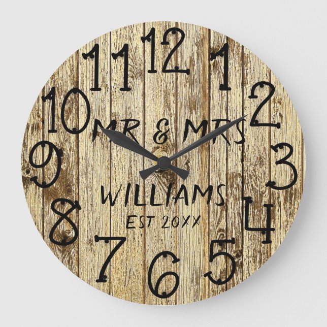 Rustic Mr and Mrs Wood Wedding Anniversary Large Clock (Front)