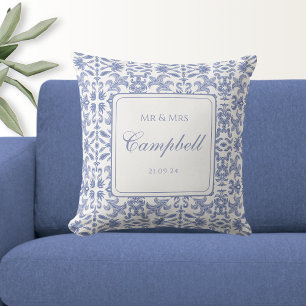 Rustic Mr & Mrs Dusty Blue and White Patterned Cushion