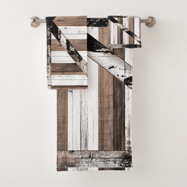 Rustic Multi Wood White & Brown Barn Door Bath Towel Set (Insitu)