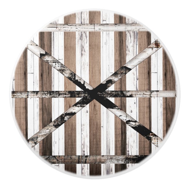 Rustic Multi Wood White & Brown Barn Door Ceramic Knob (Front)