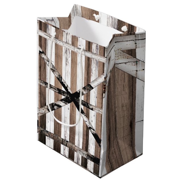 Rustic Multi Wood White & Brown Barn Door Medium Gift Bag (Front Angled)