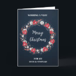 Rustic Mum and Stepdad Merry Christmas Card<br><div class="desc">Merry Christmas for mum and stepdad card with rustic country snowy wreath and winter foliage with poinsettias.</div>