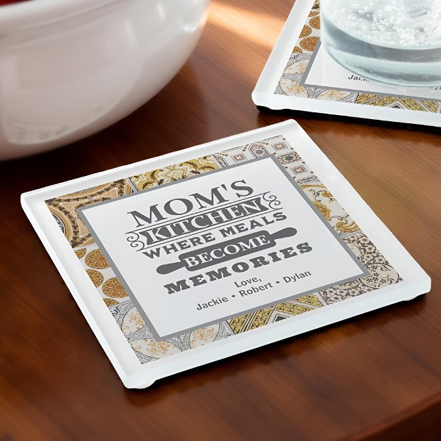 Rustic Mum's Meals Become Memories Kitchen Glass Coaster (Creator Uploaded)