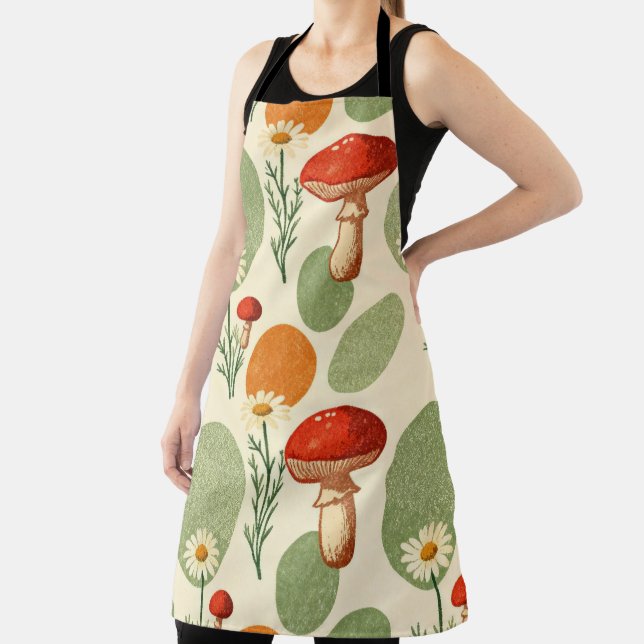 Rustic Mushroom & Daisy Watercolor Pattern Apron (Insitu)