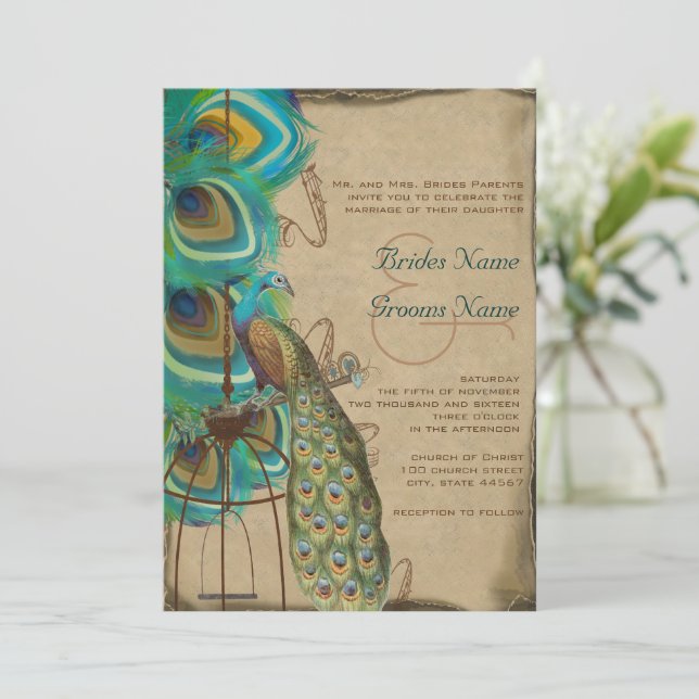 Rustic Musical Peacock Birdcage Feather Wedding Invitation (Standing Front)
