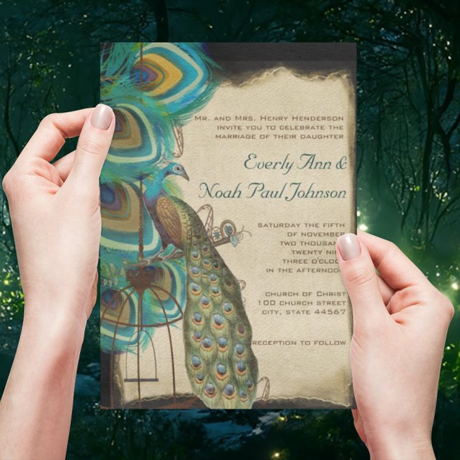 Rustic Musical Peacock Birdcage Wedding Invitation (Creator Uploaded)