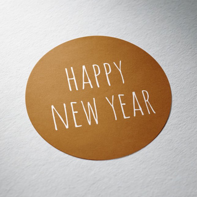 Rustic Mustard Brown New Year | Minimalist Holiday Classic Round Sticker (Creator Uploaded)