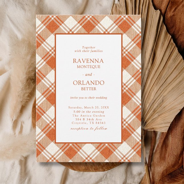 Rustic Muted Orange Plaid Gingham Wedding Invitation (Creator Uploaded)