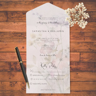 Rustic Muted Wildflowers on Blush Pink Dinner All In One Invitation