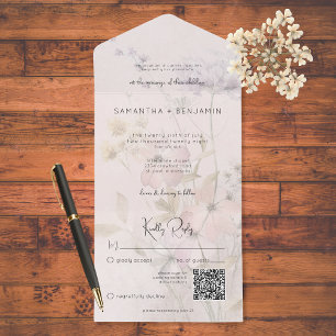 Rustic Muted Wildflowers on Blush Pink QR Code  All In One Invitation