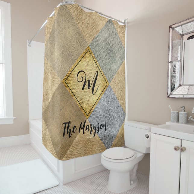 Rustic Name Initial, Monogrammed Patched Burlap Shower Curtain (In Situ)