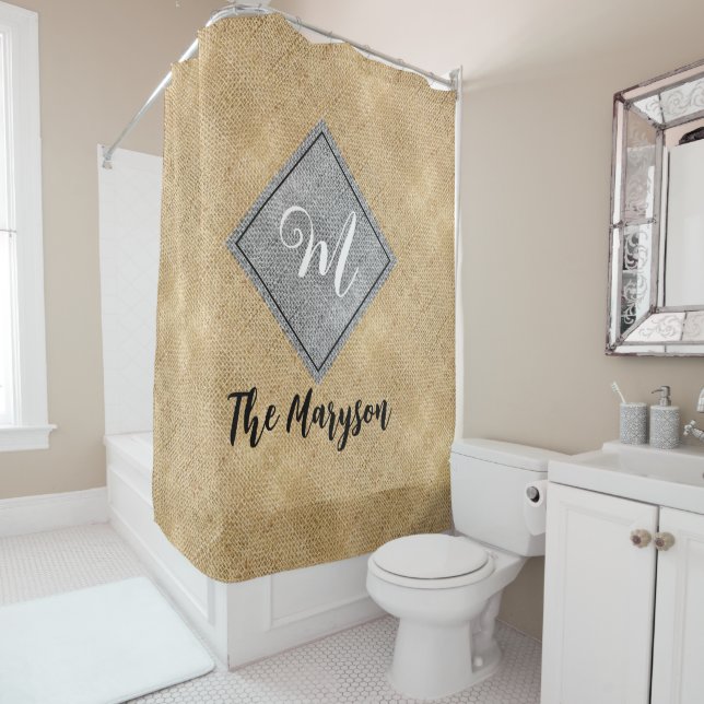 Rustic Name Initial, Personalised Monogram Burlap Shower Curtain (In Situ)