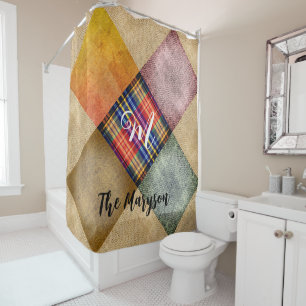 Rustic Name Monogram Patched Plaid Jute Burlap Shower Curtain