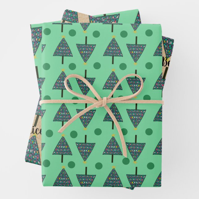 Rustic Named Christmas Tree Pattern Green Wrapping Paper Sheet (In situ)