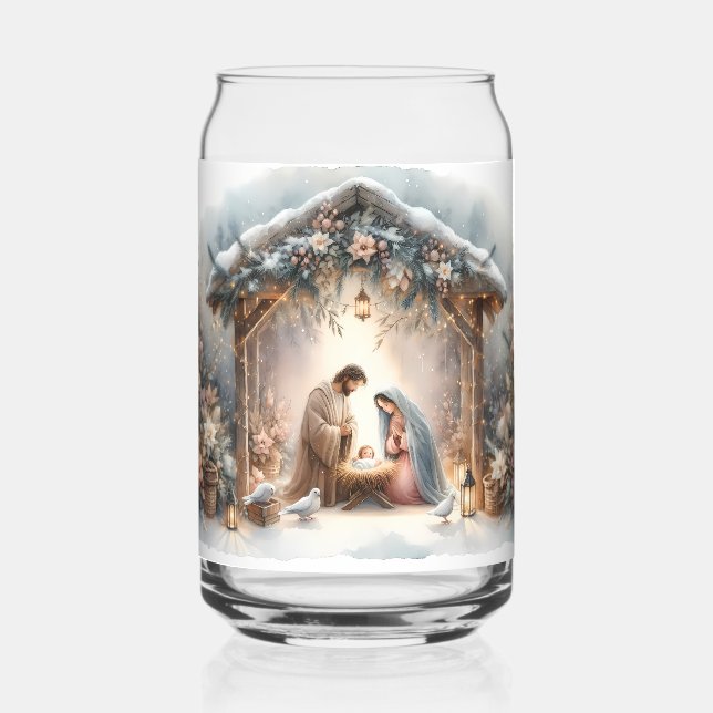Rustic Nativity Scene with Winter Florals Can Glass (Front)