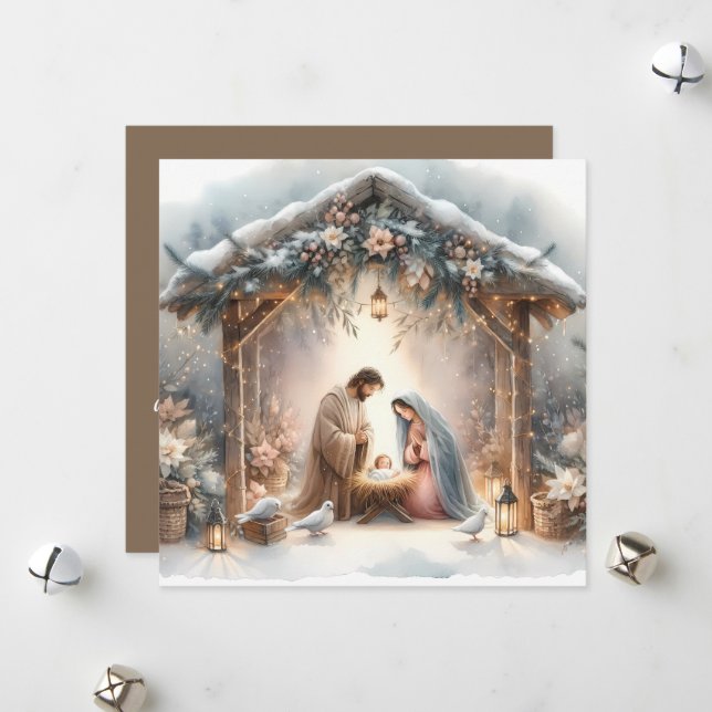 Rustic Nativity Scene with Winter Florals Card (Front/Back In Situ)