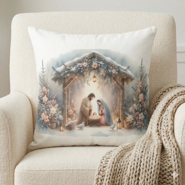 Rustic Nativity Scene with Winter Florals Cushion (Rustic Nativity Scene with Winter Florals Throw Pillow Mockup A)