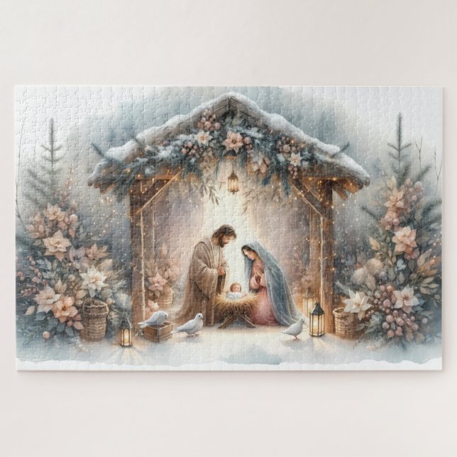Rustic Nativity Scene with Winter Florals Jigsaw Puzzle (Horizontal)