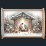 Rustic Nativity Scene with Winter Florals Serving Tray<br><div class="desc">This serene nativity scene captures the peaceful beauty of the Holy Family beneath a rustic wooden stable, gently lit by lanterns and surrounded by soft snowfall. The design features Mary, Joseph, and baby Jesus in a warm, reverent moment, accentuated by delicate winter florals, snow-covered pine branches, and glowing string lights....</div>