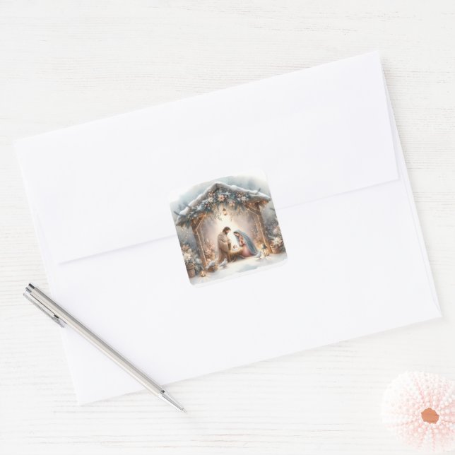 Rustic Nativity Scene with Winter Florals Square Sticker (Envelope)