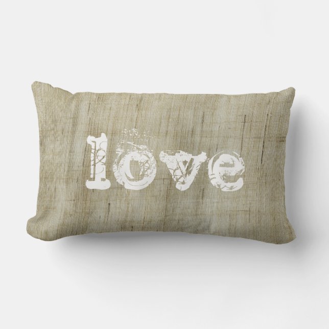 Rustic Natural Canvas Burlap Love Lumbar Cushion (Front)