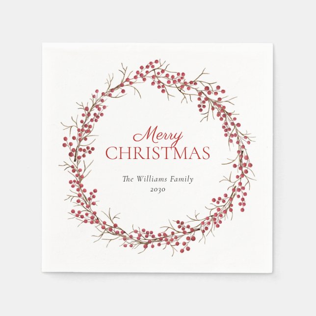 Rustic Natural Red Berry Wreath Merry Christmas Napkin (Front)