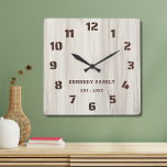 Rustic Natural Wood Family Name Farmhouse Square Wall Clock<br><div class="desc">Simple and rustic wood farmhouse wall clock personalised with family name and established year. Makes a thoughtful gift for housewarming, holidays and weddings.</div>