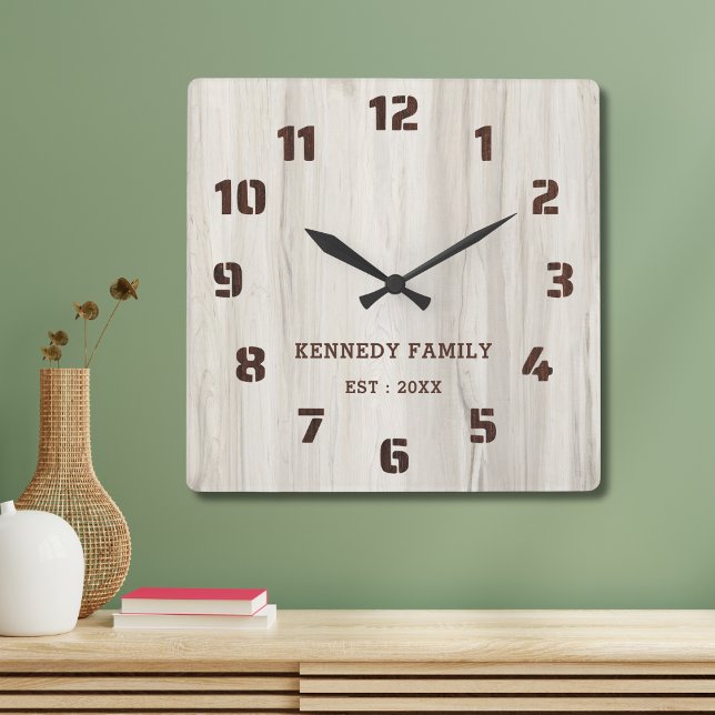  Rustic Natural Wood Family Name Farmhouse Square Wall Clock (Creator Uploaded)