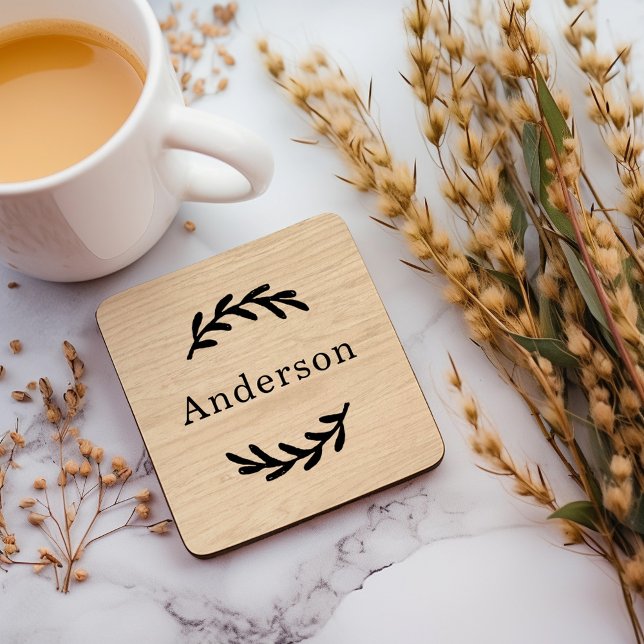 Rustic Natural Wood Laurel Monogram Name Coaster (Creator Uploaded)