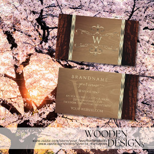 Rustic Nature Tree Bark Grain Gold Border Monogram Business Card