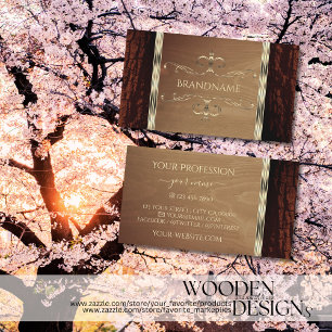 Rustic Nature Tree Bark Wood Grain Gold Border Business Card
