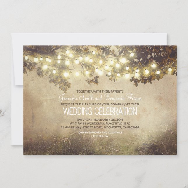 rustic nature tree branches lights wedding invitation (Front)