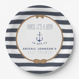 Rustic Nautical Ahoy It's A Boy Baby Shower Navy Paper Plate