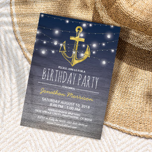 Rustic Nautical Blue Gold Mens Birthday Party Invitation