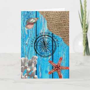 Rustic Nautical Blue Wood Burlap Starfish Birthday Card