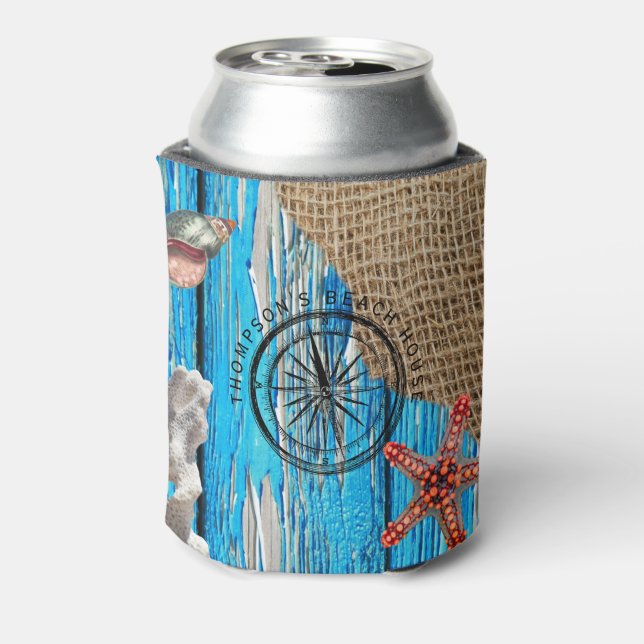 Rustic Nautical Blue Wood Burlap Starfish  Can Cooler (Can Back)