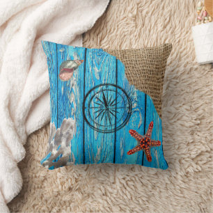 Rustic Nautical Blue Wood Burlap Starfish  Cushion