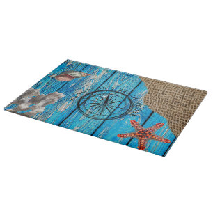Rustic Nautical Blue Wood Burlap Starfish Cutting Board
