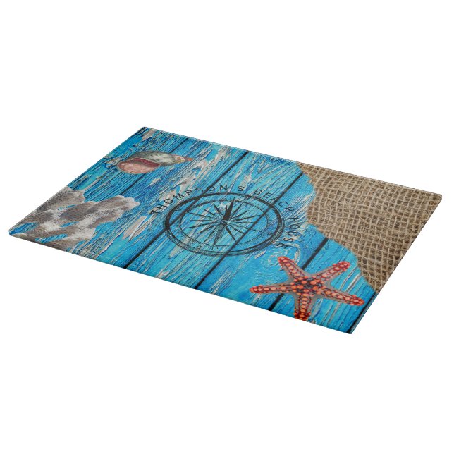 Rustic Nautical Blue Wood Burlap Starfish  Cutting Board (Corner)