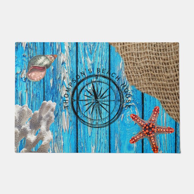 Rustic Nautical Blue Wood Burlap Starfish   Doormat (Front)