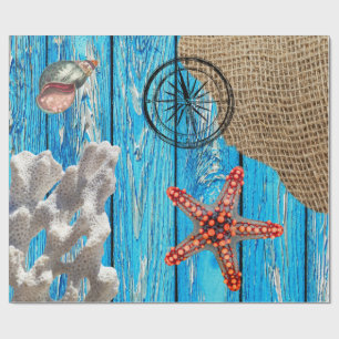 Rustic Nautical Blue Wood Burlap Starfish Wrapping Paper