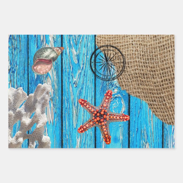 Rustic Nautical Blue Wood Burlap Starfish Wrapping Paper Sheet (Front)