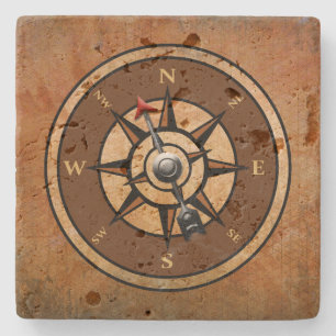 Rustic Nautical Compass Brown Background Stone Coaster