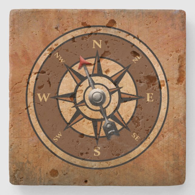 Rustic Nautical Compass Brown Background Stone Coaster (Front)
