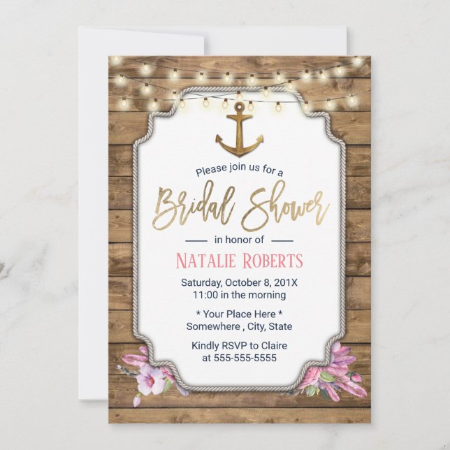 Rustic Nautical Gold Anchor Wooden Bridal Shower Invitation (Front)