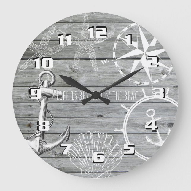 Rustic Nautical Life is Better on the Beach Large Clock (Front)