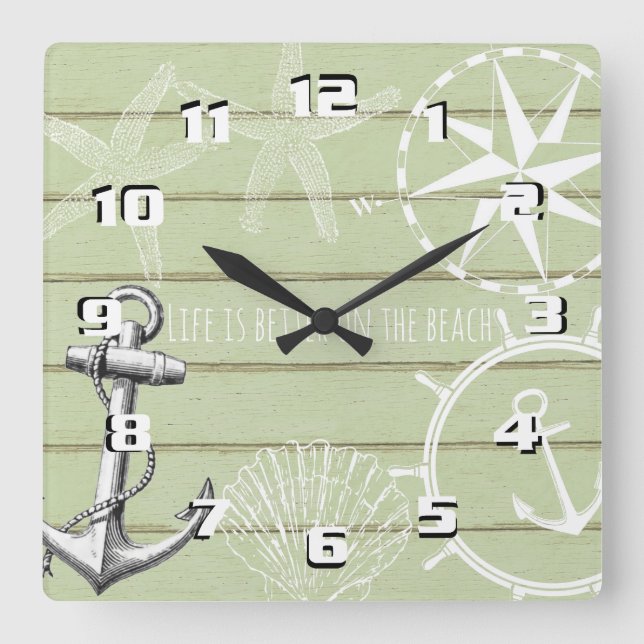 Rustic Nautical Life is Better on The Beach Square Wall Clock (Front)