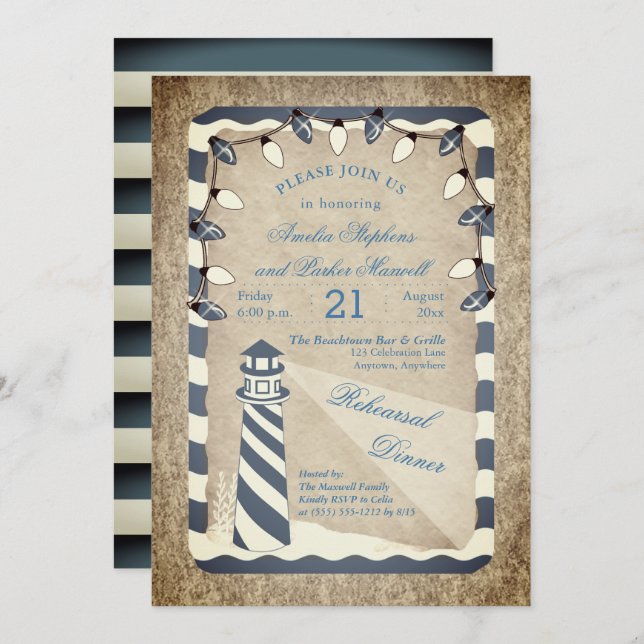 Rustic Nautical Lighthouse Beach Rehearsal Dinner Invitation (Front/Back)